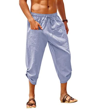 COOFANDY Men's Linen Harem Capri Pants Elastic Waist Casual Baggy Cotton Beach Yoga Boho Pants with Pockets Blue Large