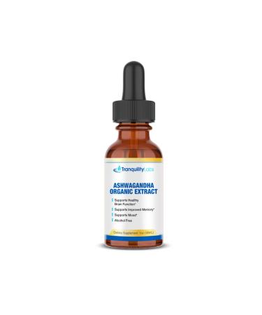 Tranquility Labs Ashwagandha Organic Extract Healthy Brain Improved Memory Support Mood Good Taste Reduce Stress Reduced Cortisol Levels Reduced Inflammation Increased Muscle Strength (30 ML)