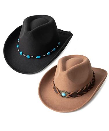 Gossifan Western Cowboy & Cowgirl Hat Felt Wide Brim Women Men Fedora Hats D-khaki+black Medium