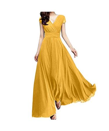 uikmnh Womens Party Dresses Party Cap Sleeve Short Sleeve Tea Wrap Gown V Neck Long Solid Summer Waist Chiffon Dress Solid Yellow 5X-Large