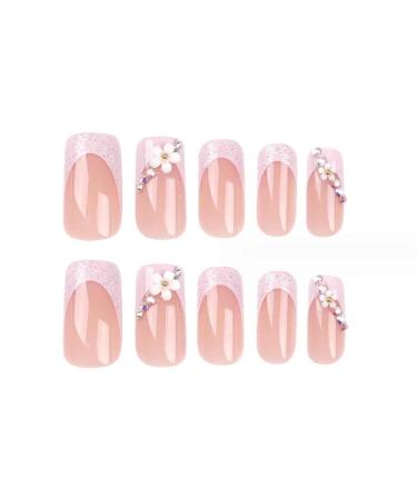 Foccna 3D Flower Fake Nails - Square Pink French Press on Long Nails with Rhinestones | 24pcs Glossy Artificial Nail Tips for Women & Girls - Buy Online on GoSupps.com