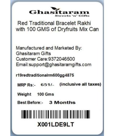 Ghasitaram Gifts Rakhi for Brother Rakhis Online - RM600 - Red Traditional Bracelet Rakhi with 100 GMS of Dryfruits Mix Can Rakhi Set with 100 gms of Dryfruits Mix Can - Buy Online on GoSupps.com