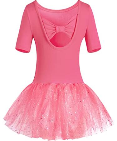 MOLLDAN Girls Dance Leotards for Ballet Dress Shiny Skirt Ruffle Sleeve Crisscross Back Z-bow-burgundy 6-8 Years