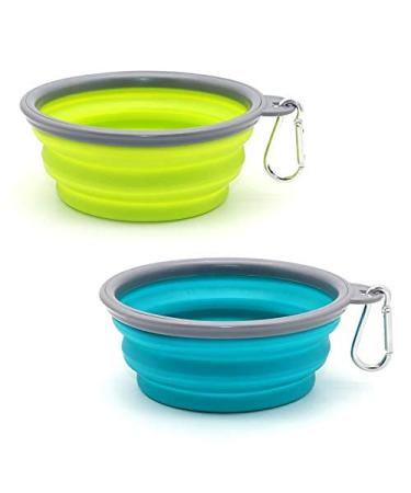 Slson 2 pieces of dog bitches foldable travel bowl spout -safe dog bowl with mountaineering carabiners for cats dogs and pets for water and feed (350ml lake blue and yellow -gr ) 350ml See blue and yellow -gr