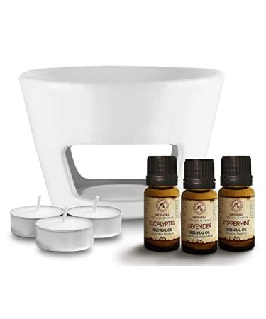 Ceramic aroma grenner white for tealight with set essential oils 3 fragrances x 10ml for aromatherapy relaxation fragrance lamp for refreshment (lavender oil peppermint oil eucalyptus oil)