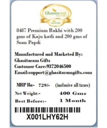 Ghasitaram Gifts Rakhi for Brother Rakhis Online - Set of 2 8469 8487 Premium Rakhis with 200 GMS of Kaju katli and 200 GMS of Soan Papdi - Buy Online on GoSupps.com