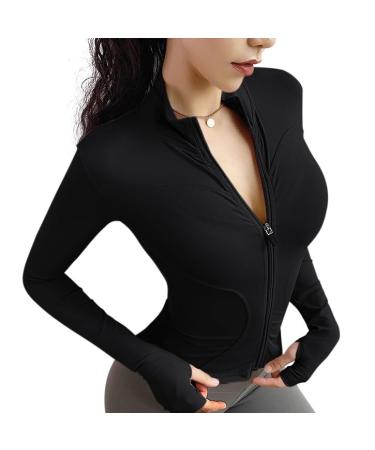 Vectol T-shirt women gym sports top top yoga long arm crop top sports shirt light fitness top with zipper and thumb hole S 1PC black
