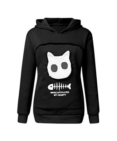 Womens Hoodies Casual Animal Pouch Hood Pullover Carry Cat Long Sleeve Slim Tops Graphic Printing Loose Blouse Black