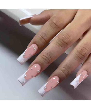 Foccna 24pcs Pink Fake Nails Square Pearl Glossy Press on Nail Long False Tips French Artificial Finger Manicure for Women and Girls