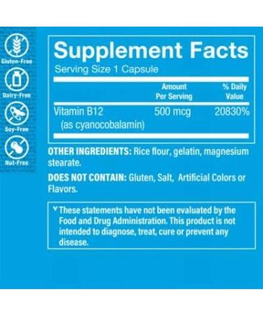 Vitamin B12 500mcg Once Daily Supplement by The Vitamin Shoppe - 300 Capsules, Gluten and Dairy Free - Buy Online on GoSupps.com