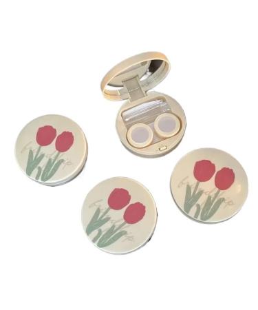 Kchycv contact lens container retro-sweet tulip round easy to wear make-up student storage mirror case mirror container nice for travel (color: 1pc beige)