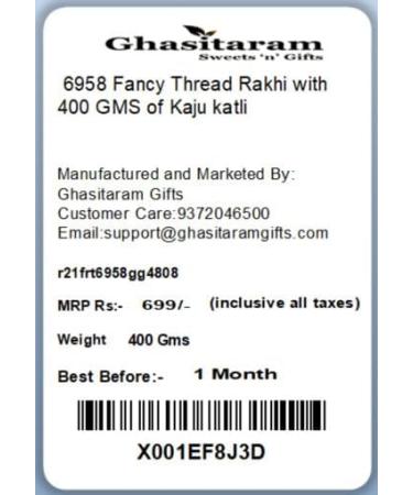 Ghasitaram Gifts Rakhi for Brother Rakhis Online - 6958 Fancy Thread Rakhi with 400 GMS of Kaju katli - Buy Online on GoSupps.com