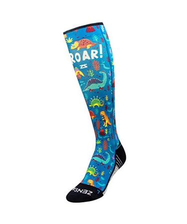 Zensah Anti-Blister Knee High Running Compression Socks for Men & Women Dinosaurs Small