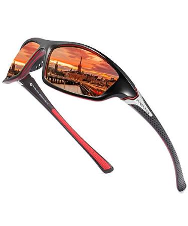 Sports Polarized Sunglasses For Men Cycling Driving Fishing 100% UV Protection A1 Black Red Frame/Red Mirrored Lens