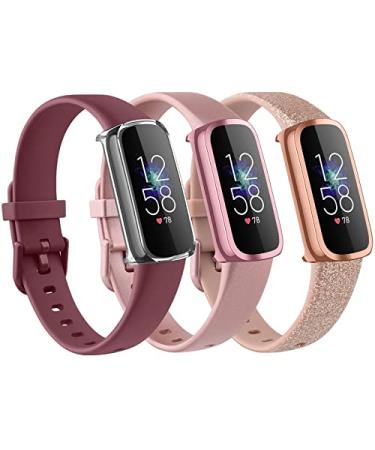 3 Pack Bands for Fitbit Luxe Bands with Screen Protector Case Soft Silicone Sport Replacement Wristbands Strap for Fitbit Luxe Women Large Wine Red+Rose Gold+Shiny Rose Gold