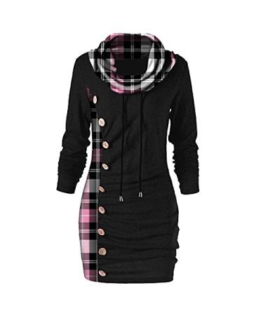 Wirziis Women's Sweater Dresses Casual Long Sleeve Button Up Bodycon Dress Sexy Cowl Neck Pullover Sweatshirt Mini Dress Large 01#pink