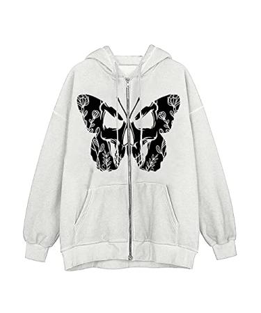 DOYIMBO Y2K Clothing for Teen Girls Full-Zip Hoodie Gothic Clothes Long Sleeve Tops Overall Graphic Sweatshirt 2-white X-Large