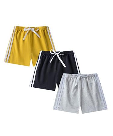 GFQLONG Toddler Boys Girls 3 Pack Cotton Runing Athletic Shorts Kids Summer Casual Fashion Soccer Shorts Grey+black+yellow 2-3T