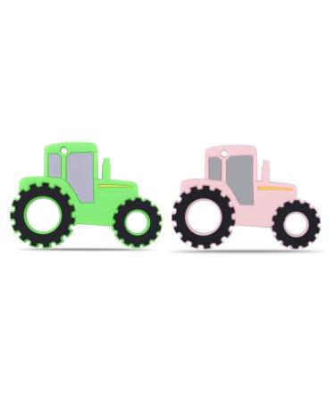 AmazingM Green Pink Tractor Car Sensory Chew Teether for Boys Girls 2 Pcs Food Grade Silicone Safety Chewy Teething Toys for Kids Toddlers with Autism ADHD Oral Motor Teething Biting Needs 2 Tractors