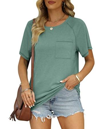 MIROL Women's Short Sleeve Tunic Top Round Neck Solid Stitch Shirt Oversized Summer Casual Blouse Large Green