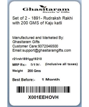 Ghasitaram Gifts Rakhi for Brother Rakhis Online - Set of 2-1891- Rudraksh Rakhi with 200 GMS of Kaju katli - Buy Online on GoSupps.com