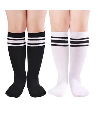 Kids Soccer Socks Toddler Striped Knee High Socks 2/3/6 Pairs School Uniform Socks Cotton Sports Socks for Boys Girls 3-5T Black, White -2 Pairs