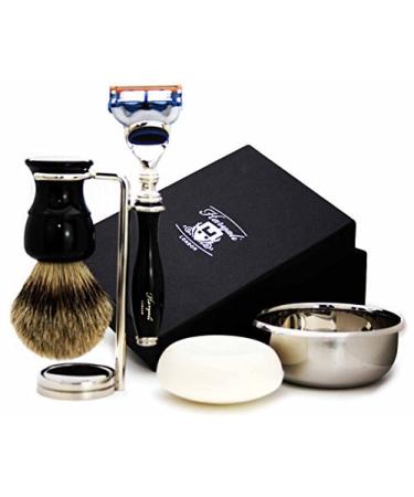 5 Pc Mens Shaving Kit 5 Edge Razor with Silver Tip Badger Hair Shaving Brush Stand Soap and Bowl Perfect Set for Men