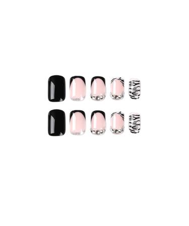 Zebra Design French Tip Square Press On Nails with Rhinestones - Medium Length False Nails for Women & Girls | Acrylic Full Cover Stick On Nails - Style 5 - Buy Online on GoSupps.com
