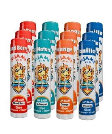 Miami Sun Lip Balm Mixed Flavors: Orange Vanilla Mixed Berry Unflavored 100% Natural with Ghee Avocado Oil Non-Toxic Best for Dry Chapped Lips - Moisturizing Healing Chemical-Free (12 pcs)