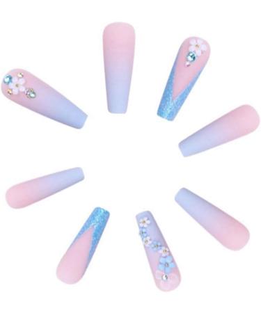 qazaa 24Pcs Pink Blue Gradient Camellia False Nails Long Coffin Nail Tips Detachable Press on Nails Manicure Glitter Nails - Buy Online on GoSupps.com