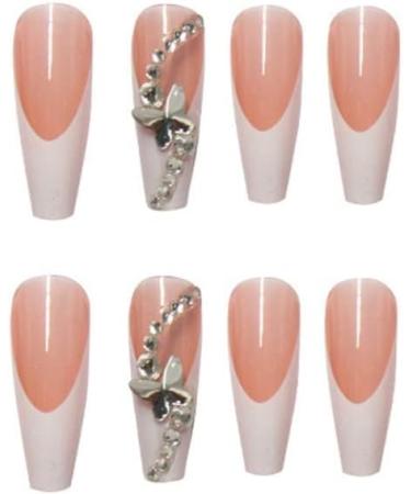 Extra Long French Tip Acrylic Press-On Nails with Butterfly Pattern | Nude & White Designs - Premium Artificial Nails for Any Occasion - Buy Online on GoSupps.com