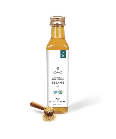 ADI Organic Sesame Oil - USDA Certified Organic Cold Pressed Sesame Seed Oil - Unrefined Sesame Oil for Cooking - Natural Sesame Oil for Hair, Massage, Non-GMO Vegan Keto-Friendly - 8.8 fl oz - 250ml