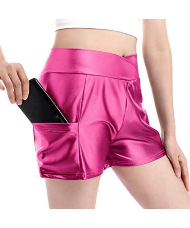 Womens Shiny Dance Shorts Sparkly Cross V-Front High Waist Yoga Gym Rave Party Hot Short Pants Boyshort with Pockets Large Hot Pink