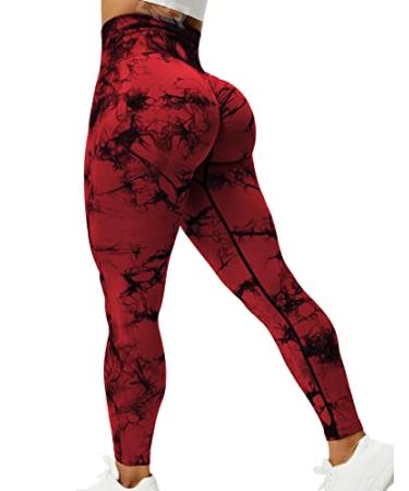 QOQ Womens High Waisted Seamless Workout Leggings Butt Lifting Gym Yoga Pants Booty Scrunch Vital Tummy Control Ruched Tights #0 Tie Dye Scrunch Red Medium