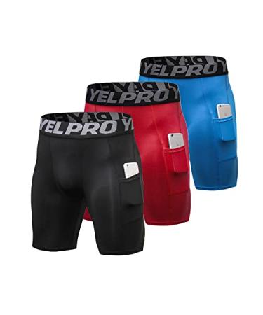 ABTIOYLLZ 3 Pack Compression Shorts for Men Spandex Running Workout Athletic Baselayer Underwear Shorts Pocket 3 Pack #Black+red+blue#84 Large