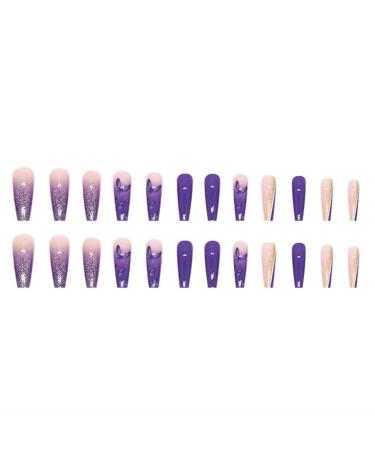 Foccna Purple Butterfly Press on Nails - 24pcs Long Bling Rhinestone False Nail Tips for Women and Girls - Buy Online on GoSupps.com