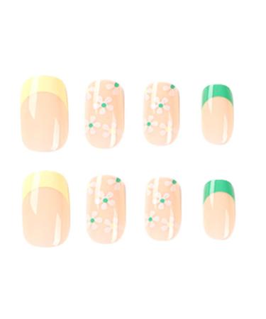 French Tip Press On Nails Short with White Flower Design | Yellow Green French False Nails | Spring Acrylic Stick On Nails for Women - Buy Online on GoSupps.com