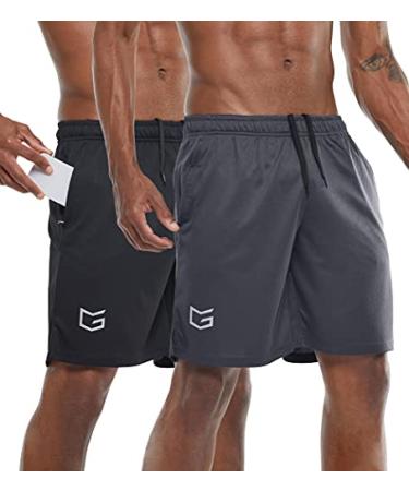 G Gradual Men's 7" Workout Running Shorts Quick Dry Lightweight Gym Shorts with Zip Pockets 2 Pack: Black/Dark Grey Large