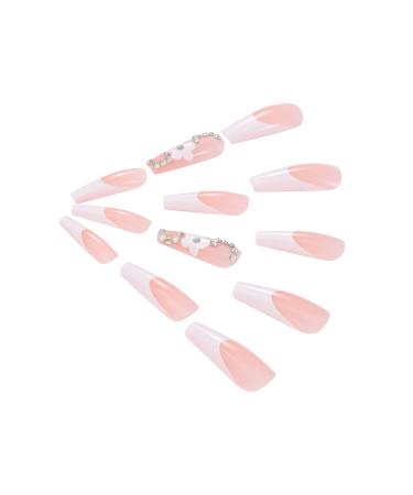 Brishow Pink Artificial Long French Press On Nails with Crystal Flower - 24 Ballerina Acrylic False Nails for Women & Girls - Buy Online on GoSupps.com