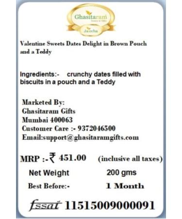 Jaiccha Ghasitaram Valentine Gifts - Valentine Sweets Dates Delight in Brown Pouch and a Teddy - Buy Online on GoSupps.com