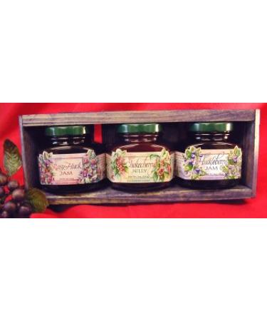 Jam & Jelly 3 different 5oz Jar Handcrafted Gift Crate, this Set is from Huckleberry Haven and features Chokecherry Jelly, Huckleberry Jam and Rasy-Huck Jam