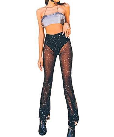 Anlaey Rave Mesh Sheer Dance Pants Sparkly Sequin Flared Bell Bottom Pants High Waist Festival Clubwear Outfits for Women 1 Pair Black Small