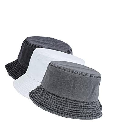 Crazy Era 3 Pack Washed Cotton Bucket Hats Packable Summer Outdoor Cap Travel Beach Sun Hat Plain Colors for Men Women Black-white-gray One Size