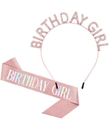 Birthday Crowns for Women, Rose-Gold Birthday Girl Sash & Birthday Tiara for Women Set, Princess Rhinestone Birthday Girl Headband Birthday Gifts for Women, Sweet Happy Birthday Accessories