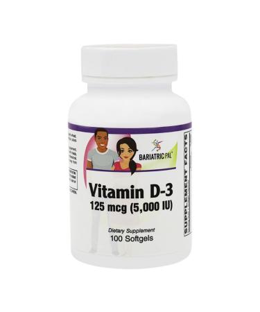 BariatricPal Vitamin D-3 125mcg (5000 IU) - Easy Swallow Vegetarian Softgels (100ct Bottle) 100 Count (Pack of 1)