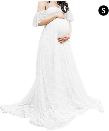 Odoukey Lace Strapless Maternity Gown - Floral Pregnancy Dress for Photoshoot - White (S) - Buy Online on GoSupps.com