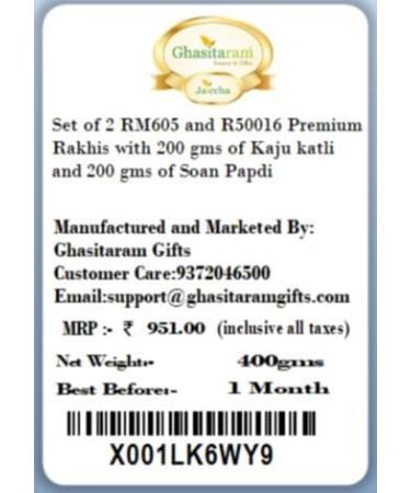 Ghasitaram Gifts Rakhi for Brother Rakhis Online - Set of 2 RM605 and R50016 Premium Rakhis with 200 GMS of Kaju katli and 200 GMS of Soan Papdi - Buy Online on GoSupps.com