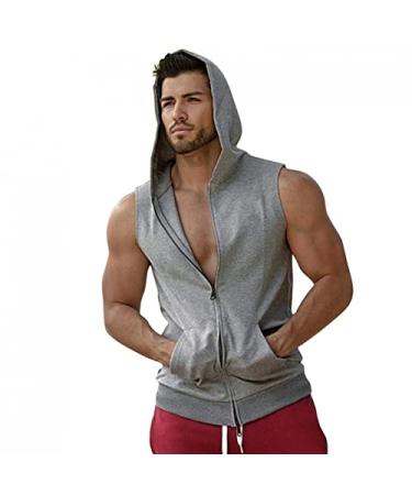 JSPOYOU Mens Sleeveless Hoodie Gym Tank Top Full Zip Slim Fit Bodybuilding Zipper Vest Cool X-Large