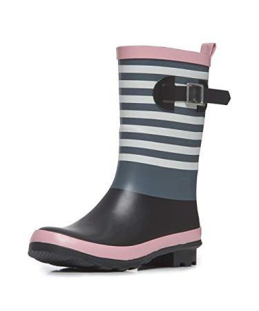 Laura Ashley Women's Rain Footwear, Stripe Mid Calf Waterproof Rubber Garden/Rainboots, Low Heel Slip Resistant Boots for Women 7 Pink Stripe
