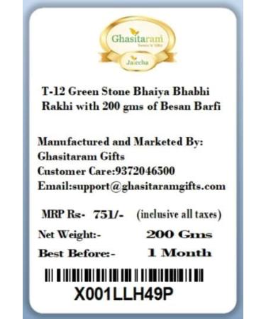 Ghasitaram Gifts Rakhis Online - Rakhi for Brother-T-12 Green Stone Bhaiya Bhabhi Rakhi with 200 GMS of Besan Barfi Rakhi Set with 200 gms of Besan Barfi - Buy Online on GoSupps.com